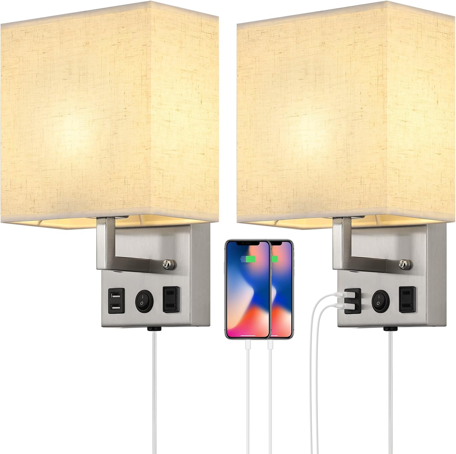 Black Wall Sconces Set of Two, Bedside Wall Lights for Bedroom, Plug in Wall Sconce with USB Ports and Outlets, Modern Wall Lamp for Mirror Kitchen Living Room Hallway, E26 Base (LED Bulbs Included)