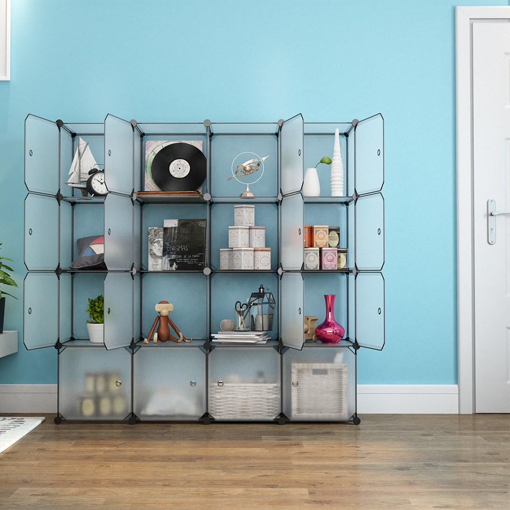 LANGRIA 16 Storage Cube Organizer Plastic Cubby Shelving Drawer Unit, DIY Modular Bookcase Closet System Cabinet with Translucent Design for Clothes, Shoes, Toys (White)