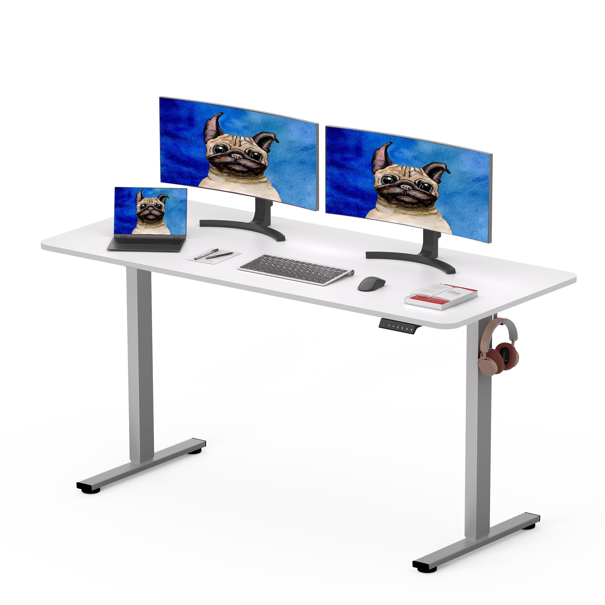 SANODESK 140 x 80cm Electric Standing Desk ONE PIECE Height Adjustable Desk Sit Stand Table Home Office Desk with 4 Height Memory Pre-Sets Smart Pannel and Hooks for Work, (Silver Frame+White Desktop)