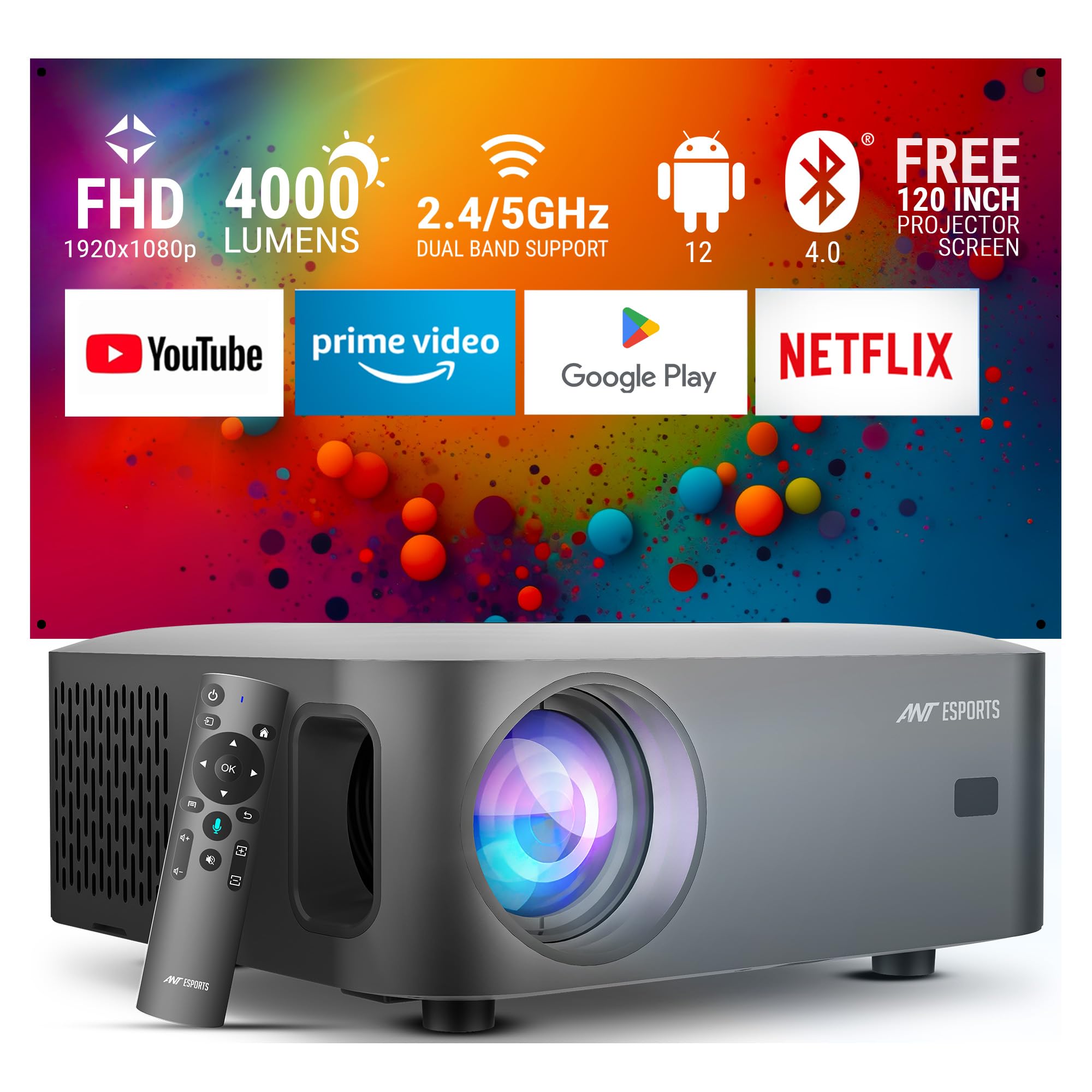 Ant Esports View 611 Smart LED Projector | 1080P Native & 4K Support, 4000 Lumens, WiFi & BT, Android 12, Remote, Upto 120", Built-in OTT (Netflix, Prime Video) Speaker 5W, Included 120" Screen (B0CQFS1JRP) Amazon Price History, Amazon Price Tracker