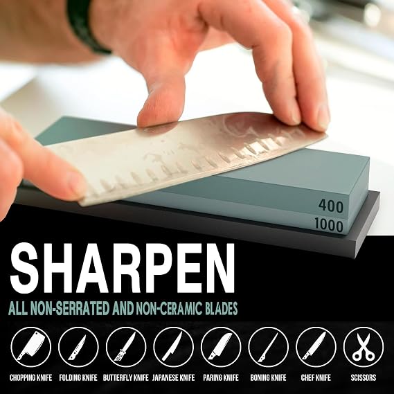 Knife Sharpening Stone Kit- Professional Knife Sharpener Dual Sided 400&1000 Grit Wet Stone Set with Non-Slip Rubber Base Whetstone for Kitchen