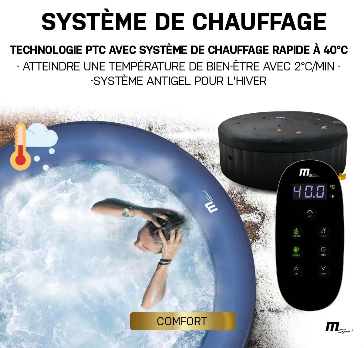 Miweba MSpa Spa Gonflable Extérieur Bergen C-BE041 | Rond ⌀ 180,0 cm - Spa Gonflable 4 Personnes - Nettoyage UV-C - Jusqu'à 1077 L - 40°C - Télécommande - 118 Jets (4 Personnes)