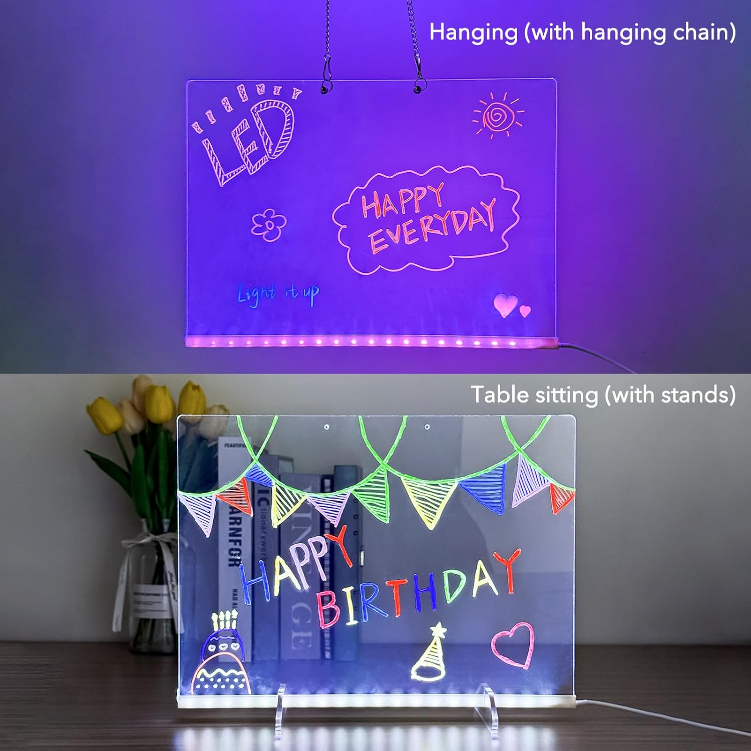 BAOFALI 2 in 1 LED Note Board with Colors, 13.8x10inch Acrylic Dry Erase Board with Light,4 Modes & 7 Colors Include Adapter, Hanging Chain, Led Drawing Board for with Stand, 7 Markers Wiping etc