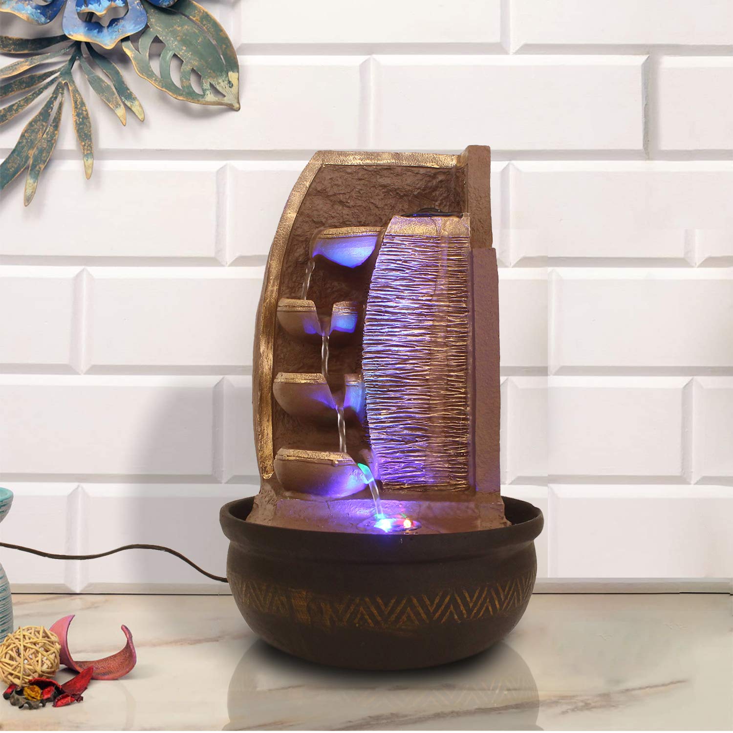 eCraftIndia Brown Designer 4 Step Golden Finish Polyresin Water Fountain with Led Lights 16.5 X 10.5 Inch