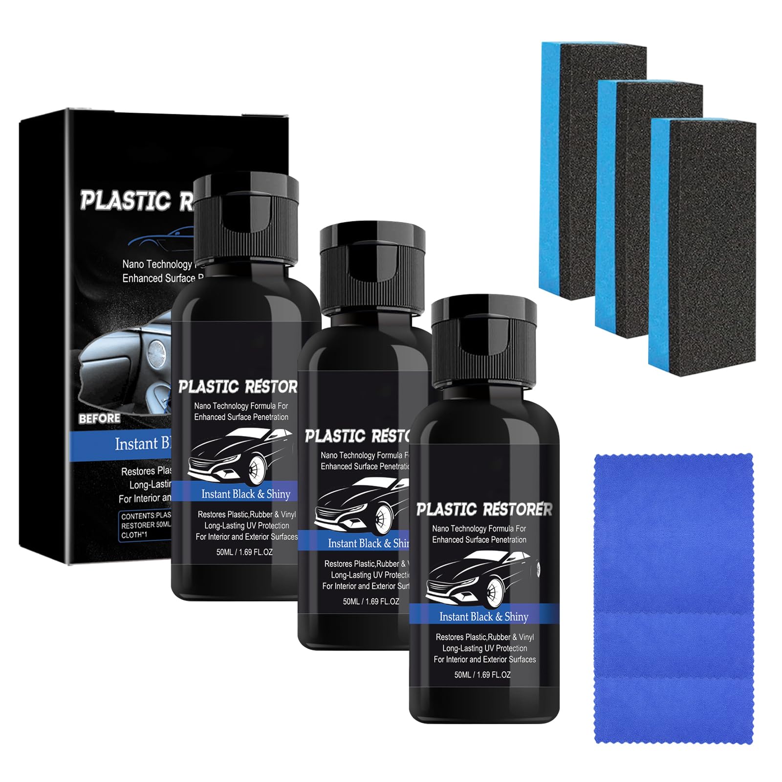 Xumann 3 PCS Back to Black Car Trim Restorer, Car Plastic Restorer Black, Crystal Coating Plastic Restoration Prevents Drying Aging for Cars