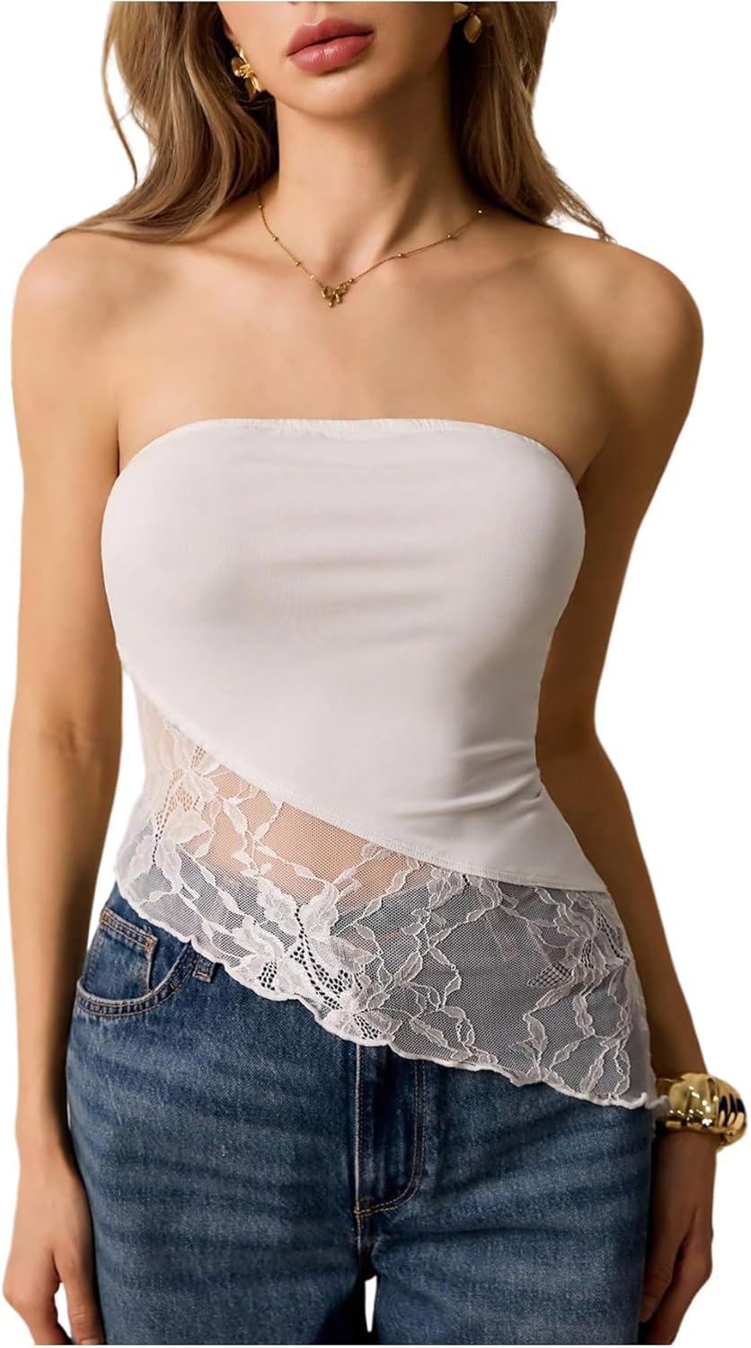 MakeMeChic Women's Summer Floral Lace Strapless Tube Top Asymmetrical Sleeveless Fitted Bandeau Tops