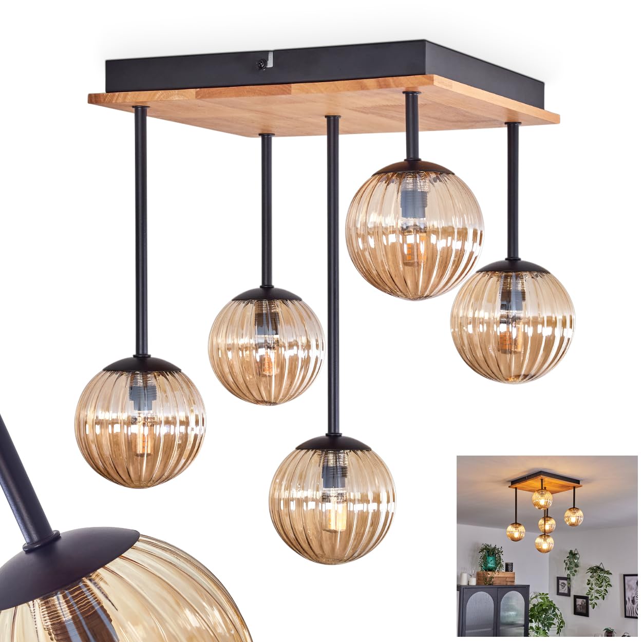 Plafoniera Chehalis, lampada da soffitto in metallo/legno/vetro scanalato in nero/naturale/ambra, lampada dal design moderno retrò/vintage con ombrelli in vetro (Ø 12 cm), 5 x G9, senza lampadina