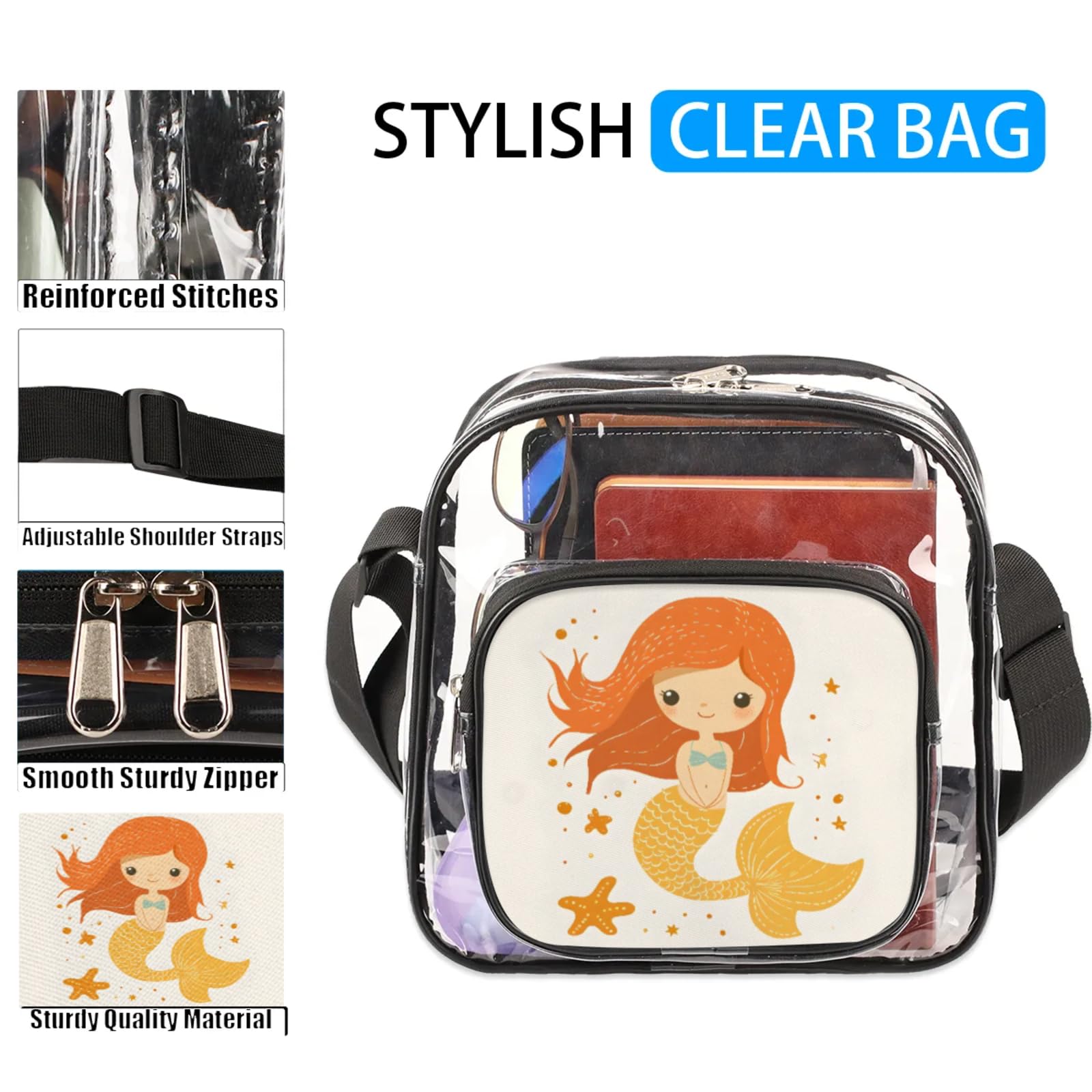 Clear Crossbody Bag Stadium Approved Orange Mermaids Transparent Bag for Festivals, Sports Events, Concerts,Beach Bag for Women Men Clear Purse with Front Pocket Messenger Bag with Adjustable Strap