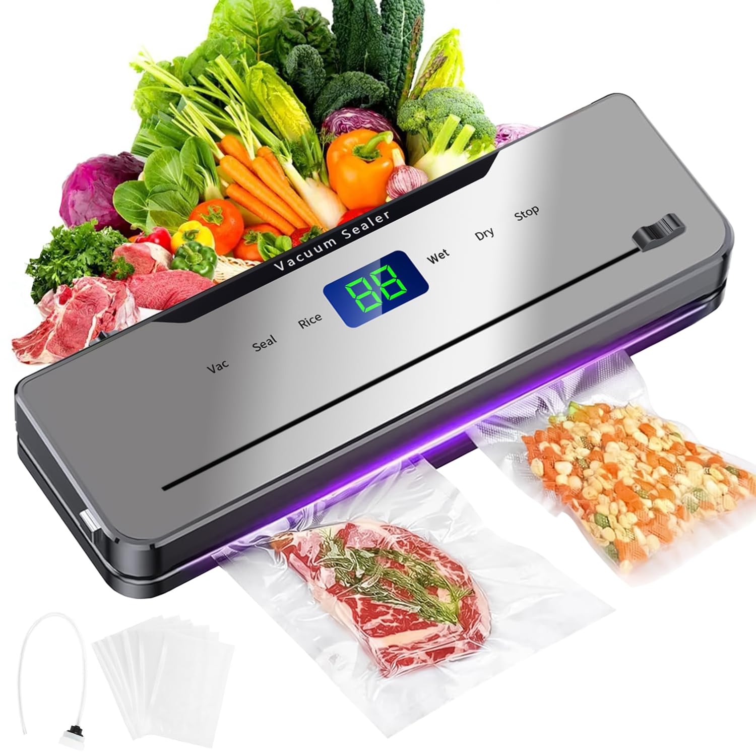 Vacuum Sealer Machine, Necomi Automatic Sealing Food Saver with 30Pcs Sealing Bags & Suction Tube, Dry & Moist Sealing Modes, Built-in Cutter,for Food Fresh and Storage