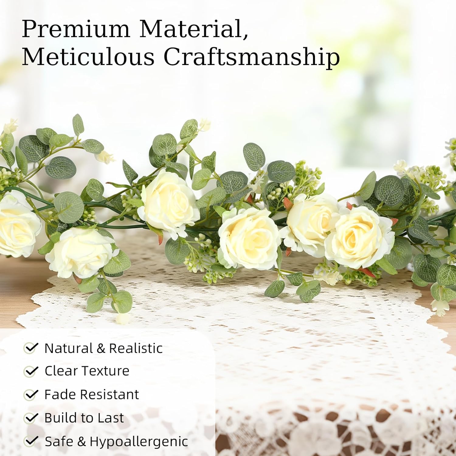 Lewondr Artificial Eucalyptus Garland with Flower, 2Pack 13FT Faux Floral Greenery Garlands Fake Flowers Vines, Maintenance-Free for Wedding Table Backdrop Party Centerpiece Room Decor, Champagne - Image 4