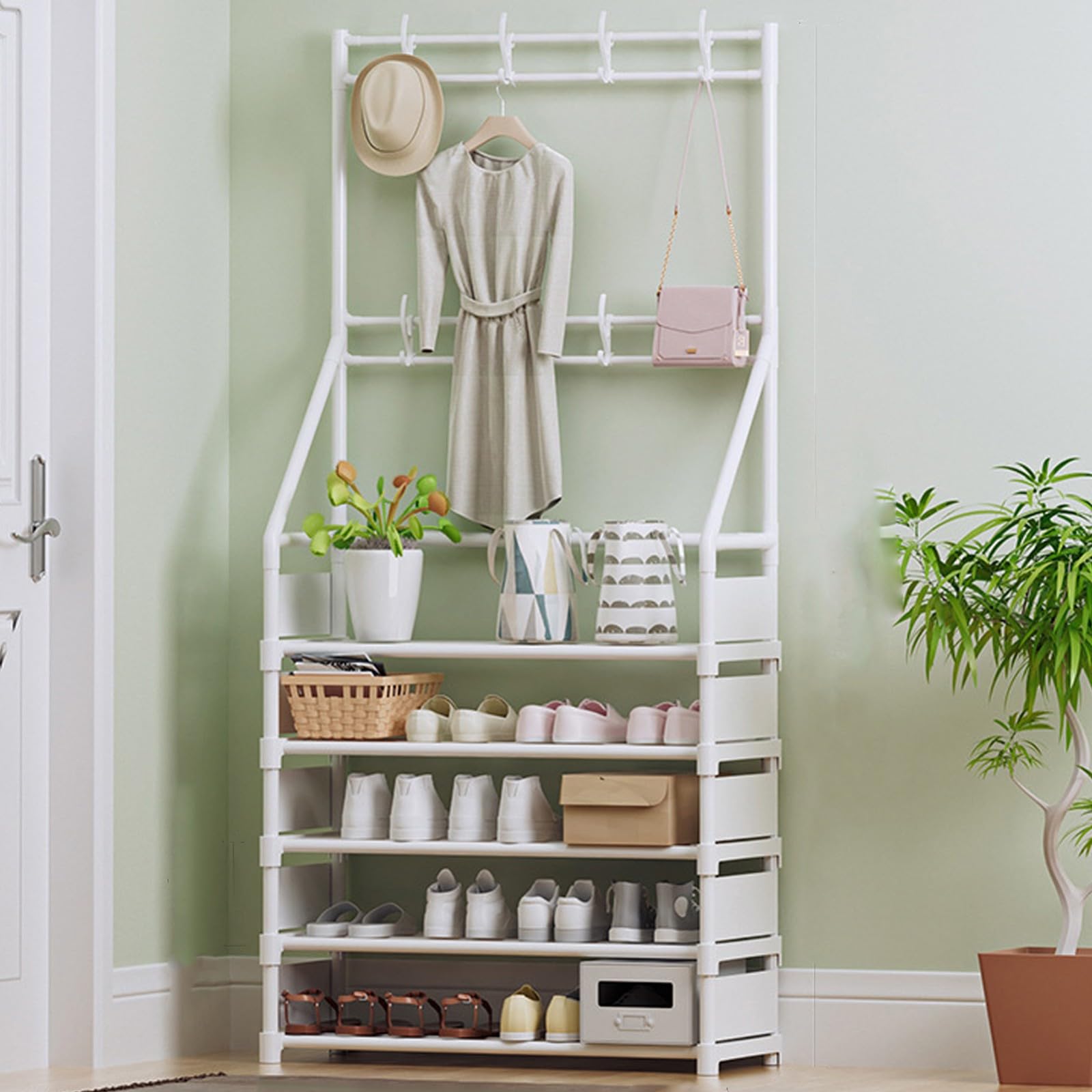 FGXHHS Metal Coat Rack with Shoe Storage Bench, 4/5 Tier Hall Tree, 8 Hooks for Coats & Shoes, Entryway Solution, 60CM Stylish Stand
