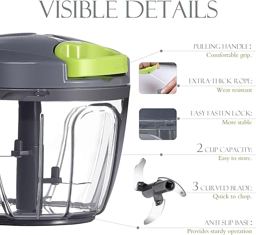 Ourokhome Manual Food Processor Vegetable Chopper, Portable Hand Pull String Garlic Mincer Onion Cutter for Veggies, Ginger, Fruits, Nuts, Herbs, etc., 650ml, Grey