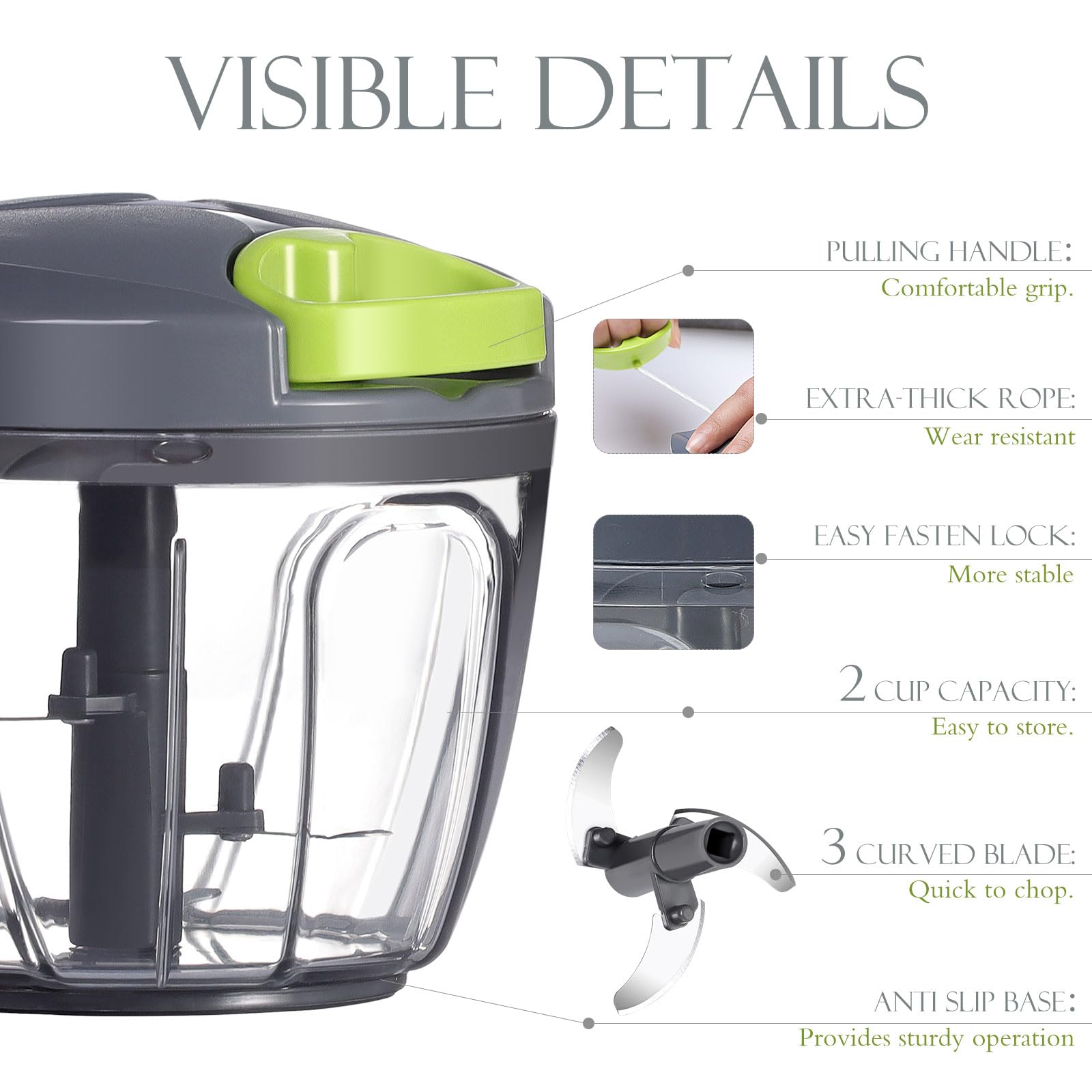 Ourokhome Procesador manual de alimentos, picador de verduras, portátil, cuerda de extracción manual, cortador de cebolla para verduras, jengibre, frutas, nueces, hierbas, etc., 650 ml, gris