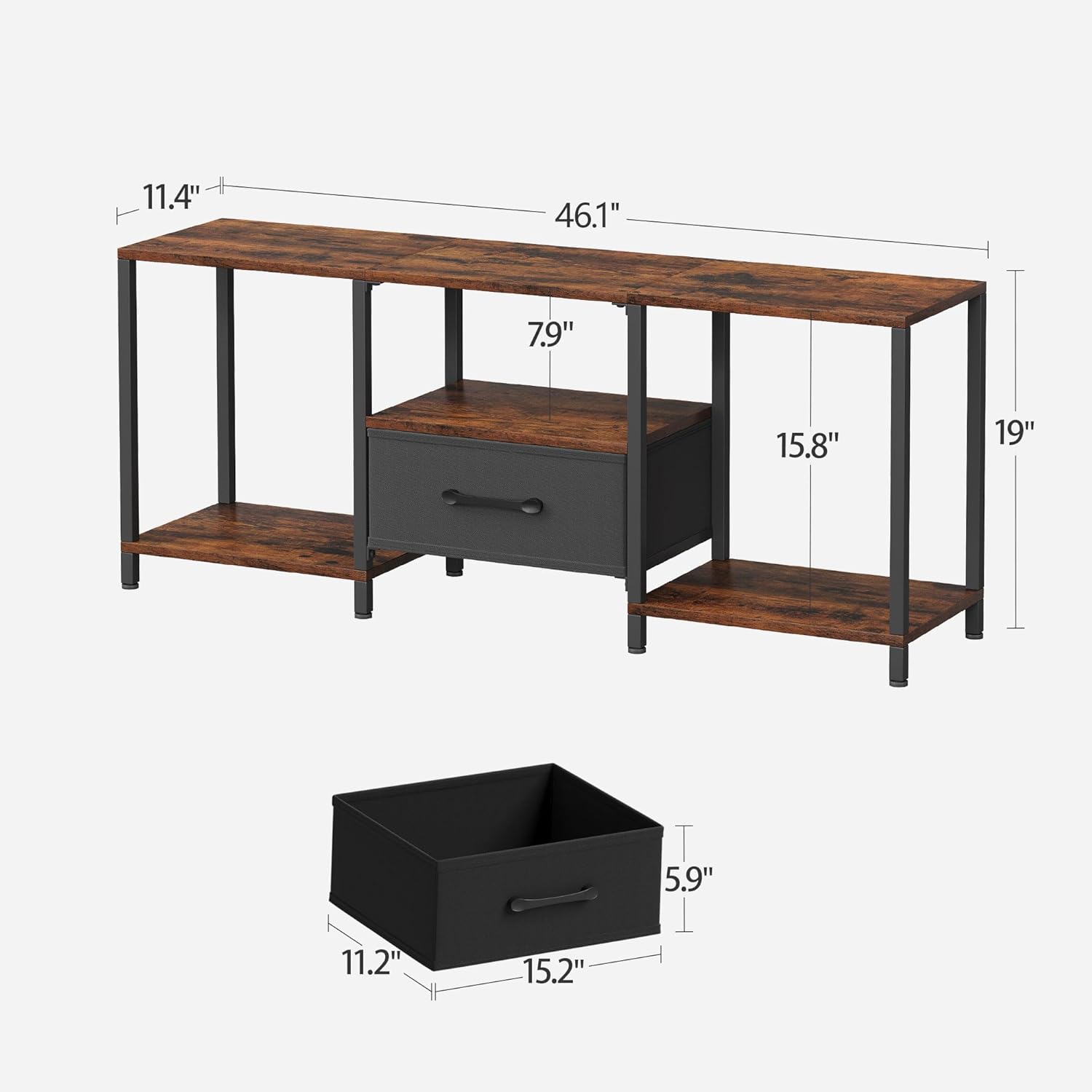 TV Stand with Fabric Drawer for 55 Inch TV, Entertainment Center with Open Shelves, Media TV Console Table for Living Room, Bedroom, Rustic Brown - Image 3