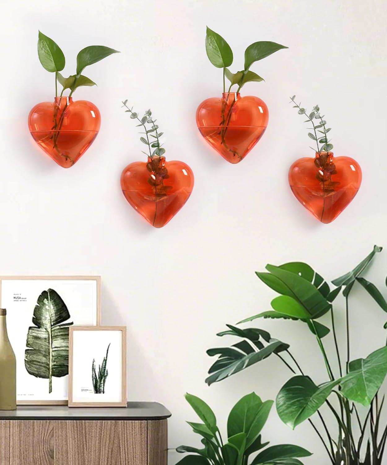 Nacome Wall Hanging Propagation Station: 4 PCS Heart Shaped Glass Plant Terrarium Vases for Home Office Decor - Unique Gifts for Plant Lovers Women Mom (Orange)