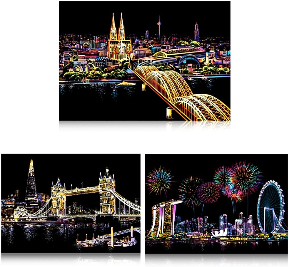 Crafts Graphy Scratch Art Paper Rainbow Painting Sketch Pad for Adults Night View - 3 Packs, 16 X 11.5 Inches