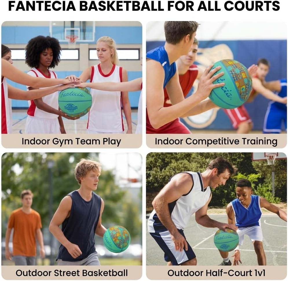Basketball Size 5, Rubber Indoor/Outdoor Ball, Blue with Square Pattern, for Teens