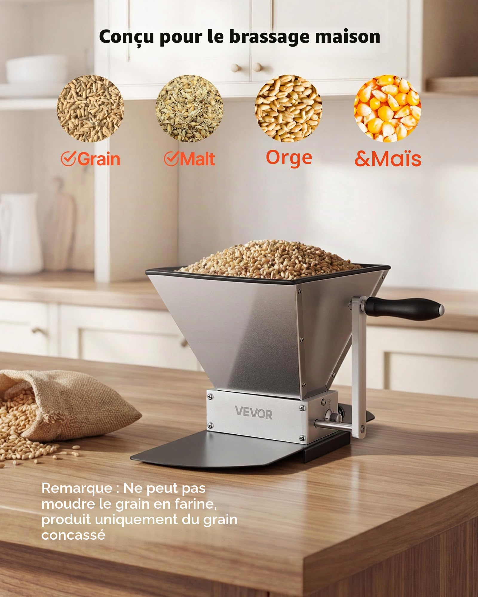VEVOR Moulin à Grains Manuel, Broyeur à Malt pour Brassage Amateur, pour Brassage de Bière de Blé Orge, Concasseur à Malt Réglable avec 2 Rouleaux en Inox, Trémie de 4 L et Plaque de Base en Métal