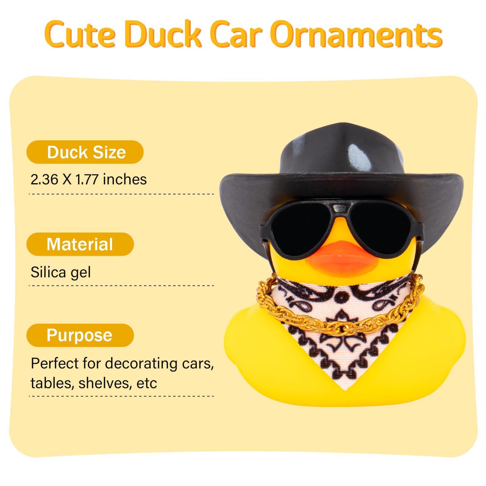 wonuu Car Dashboard Decor Cowboy Hat Rubber Duck, Car Ducks Ornaments with Mini Hat Necklace Sunglasses (Black)