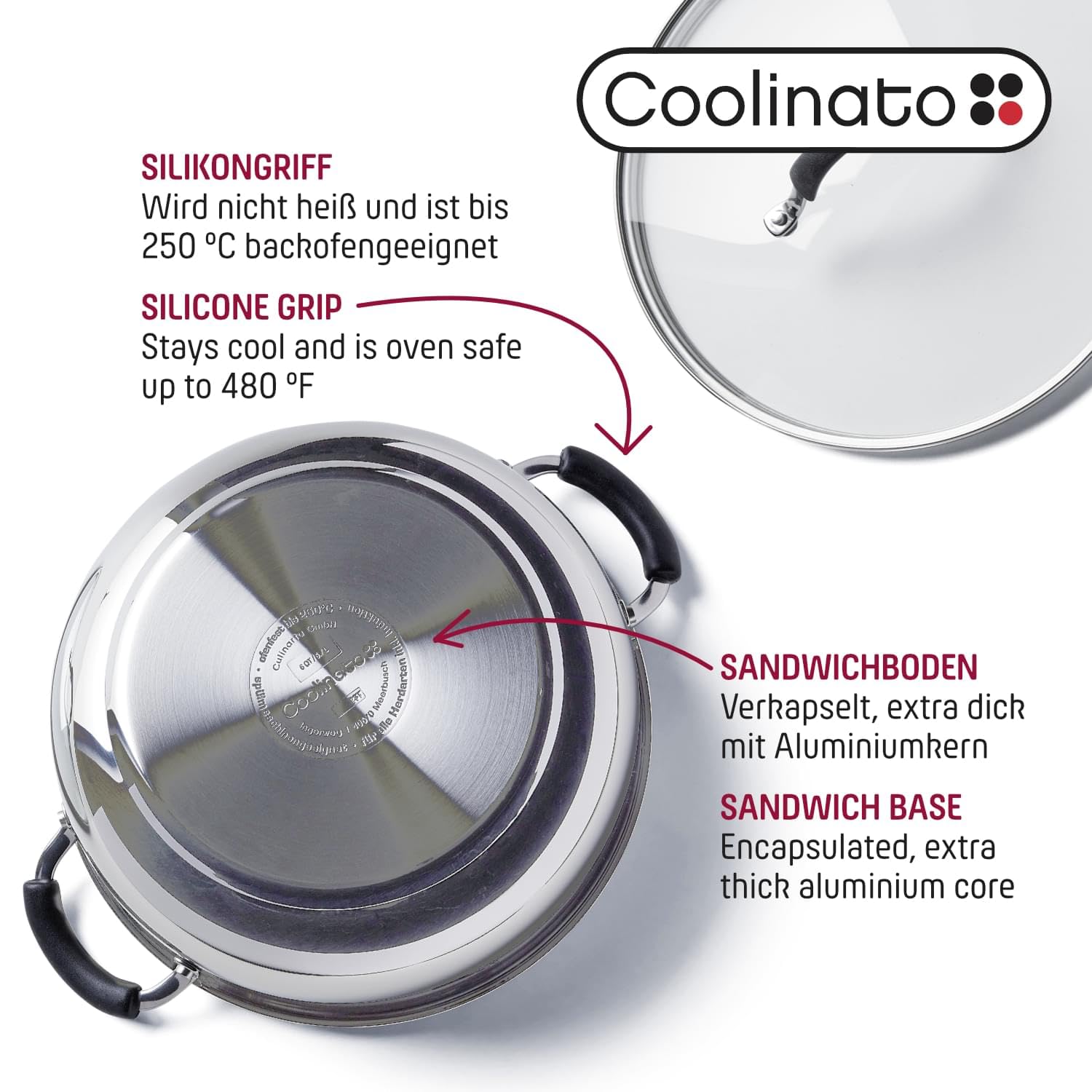 Coolinato - Edelstahl Schmortopf 24 cm mit Silikongriffen & Glasdeckel – Schmorpfanne mit 3,8 l Volumen – Für alle Herdarten, Induktionsgeeignet & backofenfest– 2 Lagen Sandwichboden mit Alu-Kern