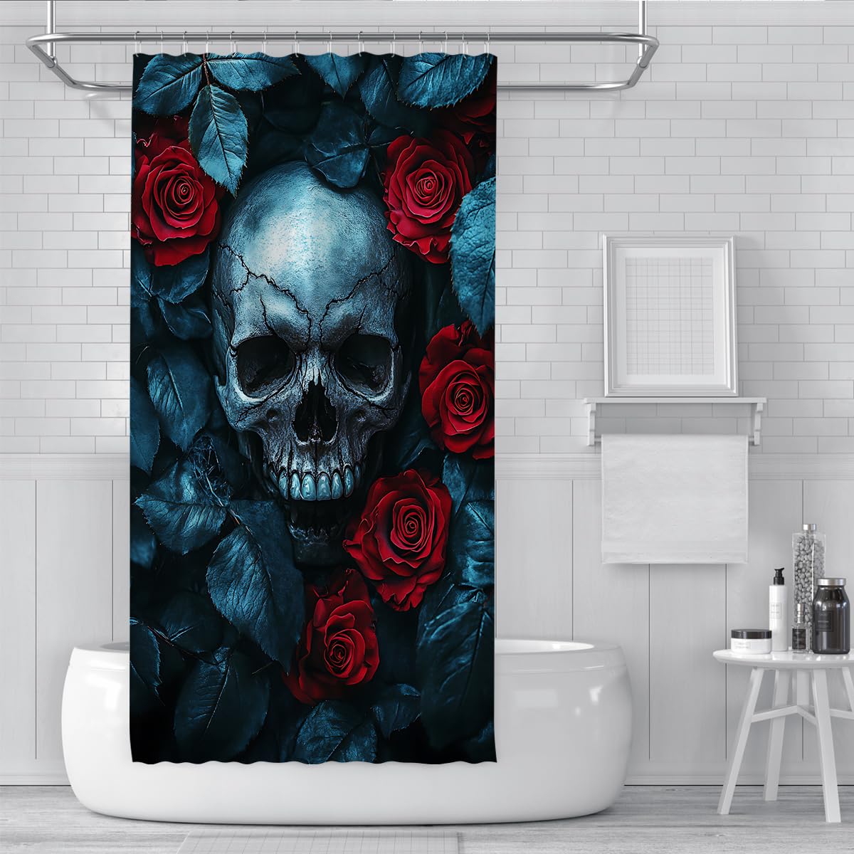 Tende Doccia Teschio Rosa Rosso Halloween Foglie Blu 200x200cm
