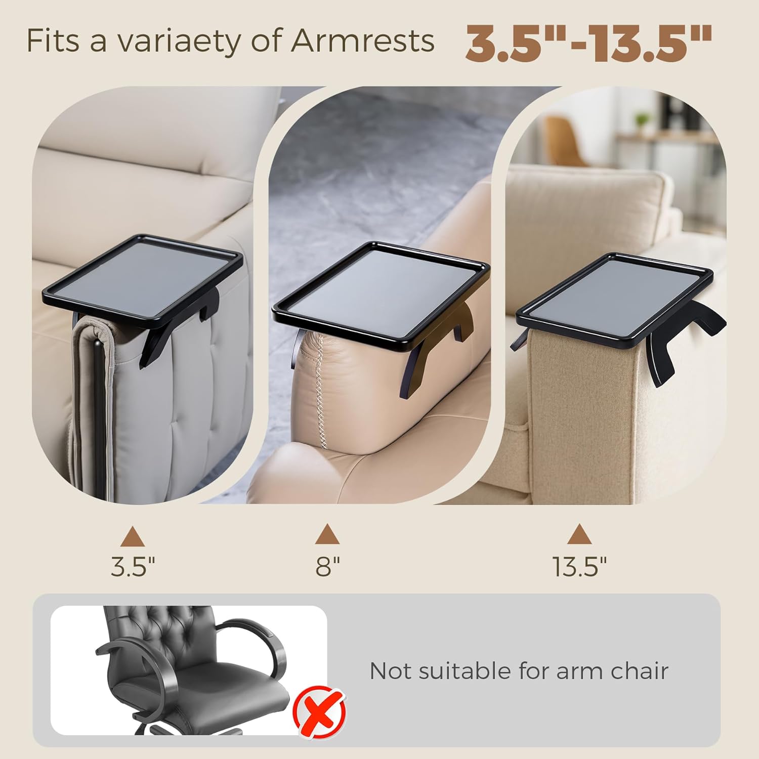 Couch Armrest Table, Foldable Bamboo Sofa Arm Tray for Couch with a Non-Slip Pad, Clip On Couch Arm Table for Remotes/Eatting/Drinks, Fits Sofa Armrest 3.5"-13.5" Black