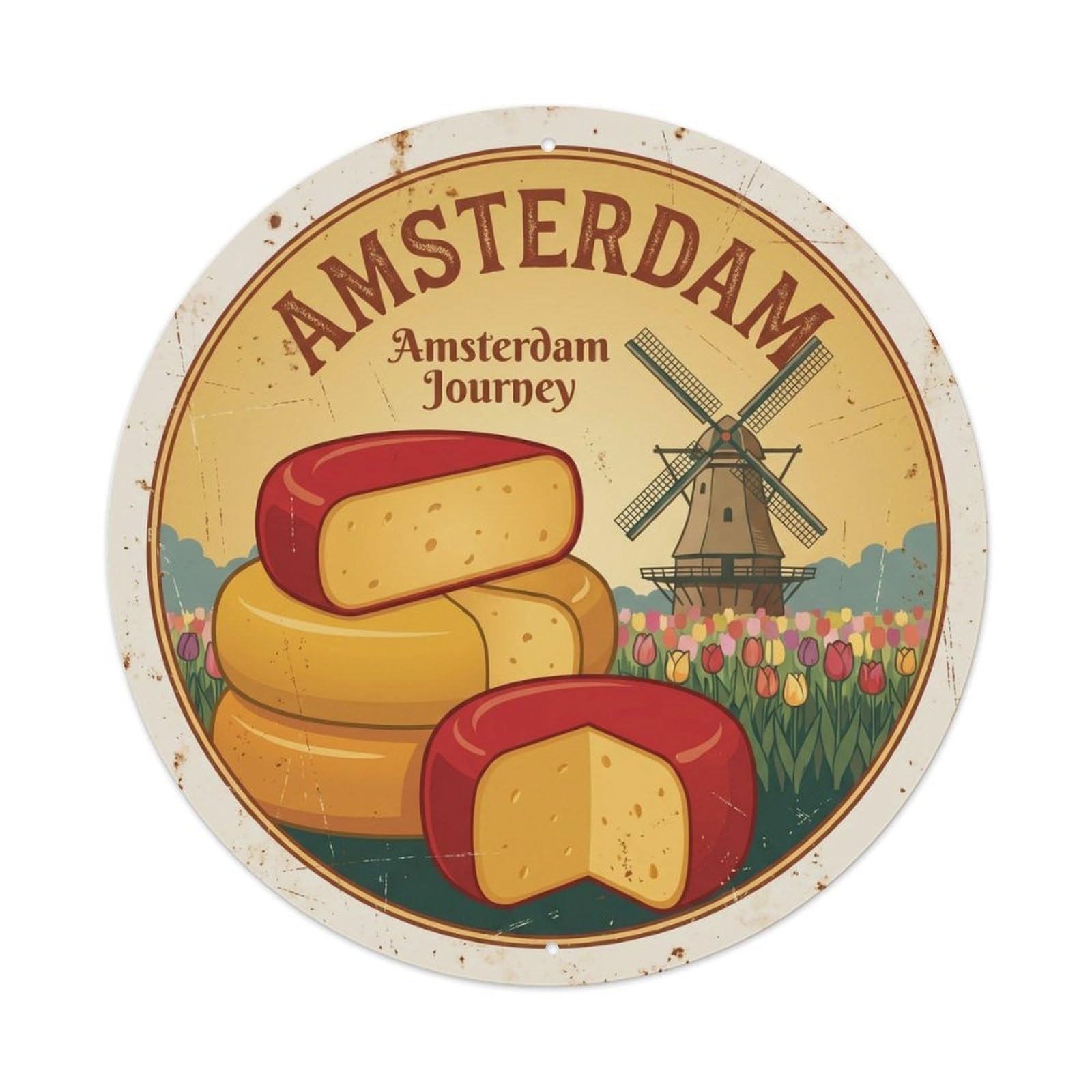 Vintage Travel Dutch Cheese Wheels Metal Tin Sign Plaque Wall Decor for Cafe, Club, Garden Round Metal Poster 8x8Inch