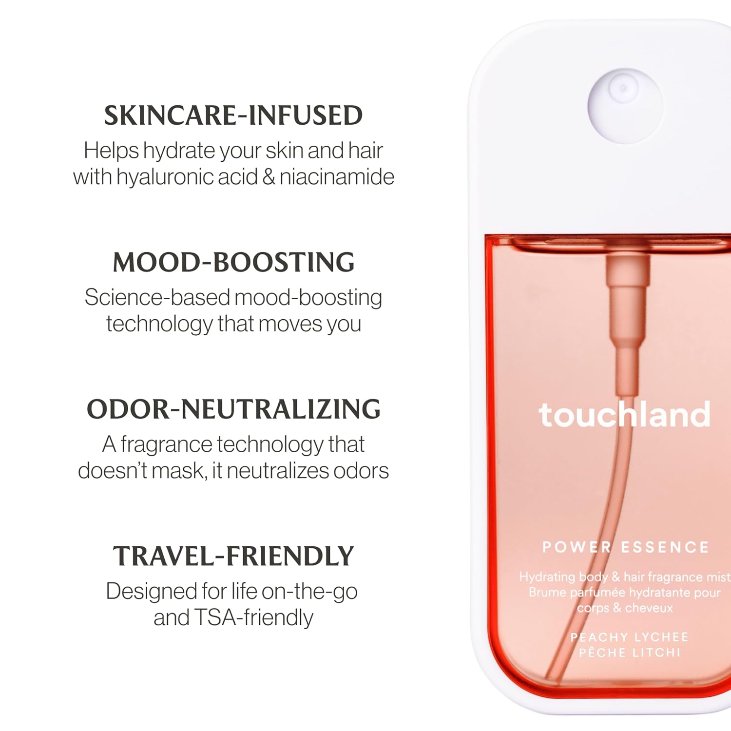 Touchland DELICATE DREAMS SET, Power Mist Hydrating Hand Sanitizer Spray, (Rainwater, Unscented, Beach Coco) 1 FL. OZ. + Peachy Lychee Body & Hair Fragrance Mist, 2 FL. OZ., Travel Size Set - Image 8