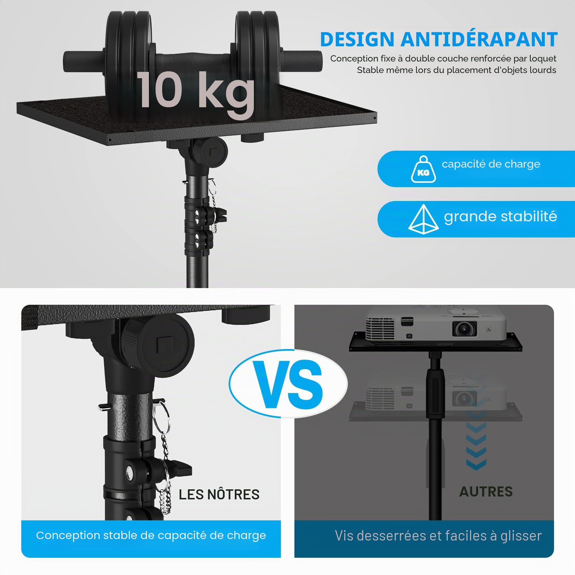 Trépied pour projecteur de 59,7 cm à 118,1 cm, trépied pour ordinateur portable réglable en hauteur avec support de téléphone en col de cygne, support de sol pour ordinateur portable pour