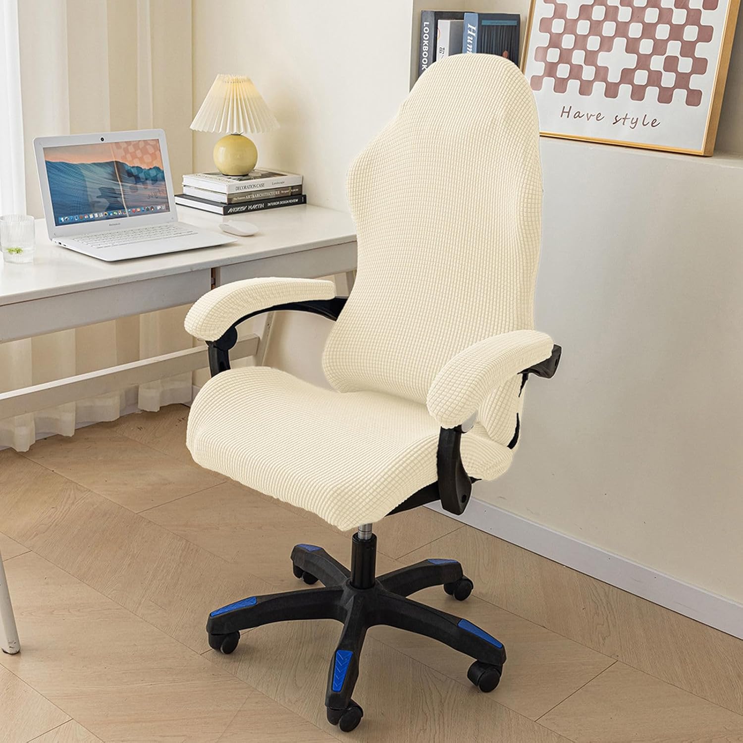 Gaming Chair Cover Stretch, Ergonomic Computer Chair Slipcover with Armrest Covers Removable Gaming Chair Seat Cover for Office Chair Armrest Chair-Beige-Large