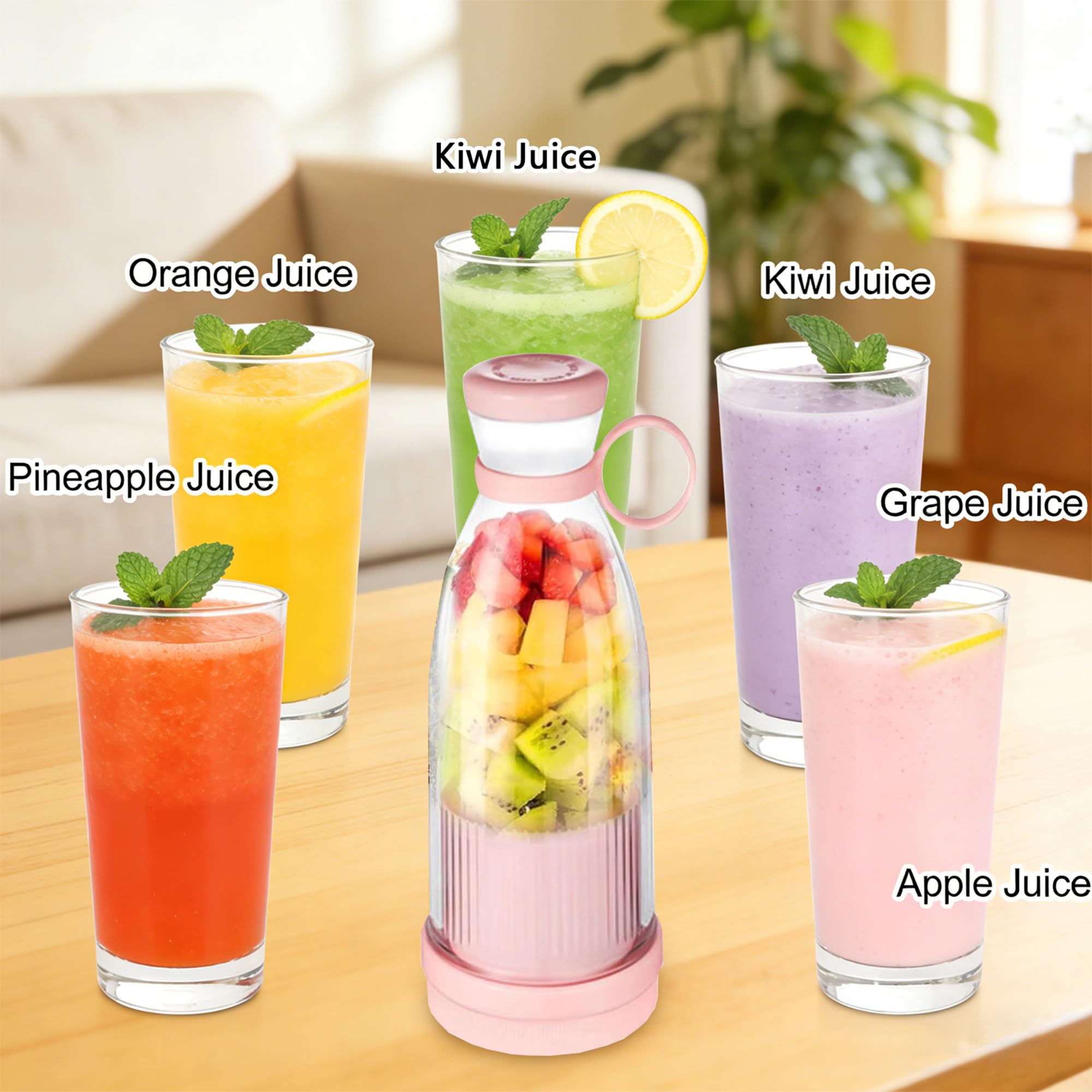 Mélangeur de Jus Portable,Blender à Fruits sans Fil,Mini Juicer électrique de 420ml, Mini Mixeur à Smoothie,Nettoyage Automatique,Mixeur pour Smoothies,Jus et Shakes (Rose) - 5
