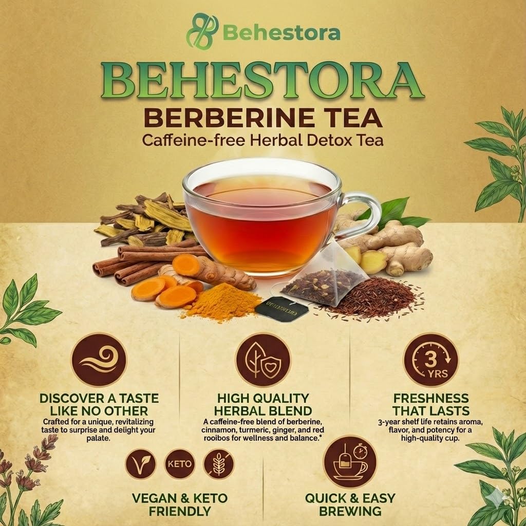 Behestora Berberine Tea is a caffeine-free - Herbal Detox Tea crafted with a blend berberine - cinnamon - turmeric - ginger - red rooibos - 15 Bags - Image 2
