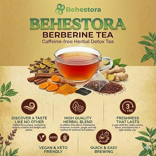 Miniatura 2 de Behestora El té de berberina es un té de desintoxicación de hierbas sin cafeína, elaborado con una mezcla de berberina, canela, cúrcuma, jengibre,