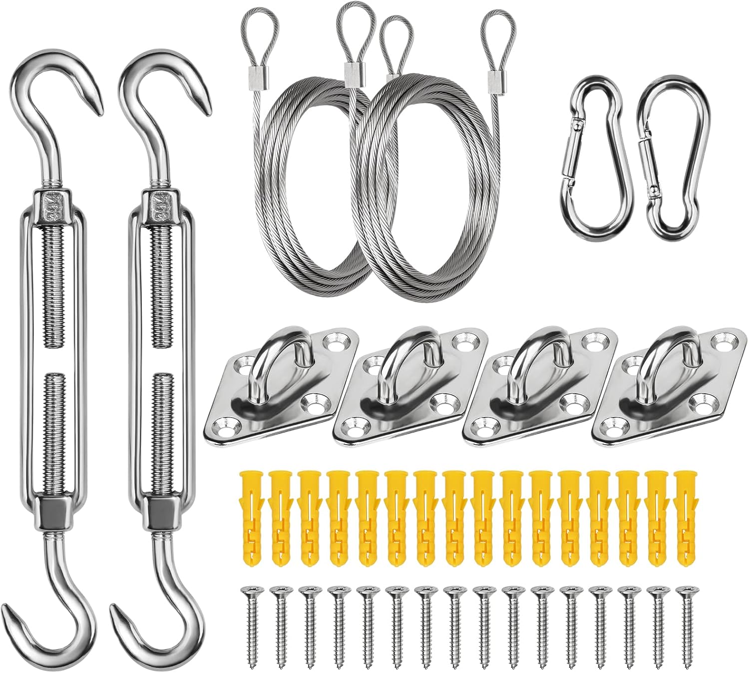 Sun Shade Sail Hardware Kit 6 inch with 4pcs 4 * 12ft Cable Wire Rope 304 Stainless Steel for Patio, Garden Triangle Rectangle and Square Sun Shade Sails Installation 59 pcs