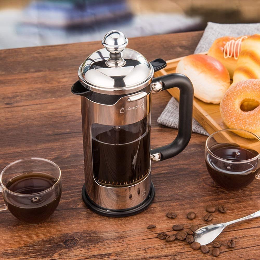 Fabricante de té de café, 304 Prensa de café de Acero Inoxidable con Sistema de filtración de 4 Niveles, Vidrio de borosilicato Espesado Resistente al Calor, 34 onzas, (1 litro) Plateado