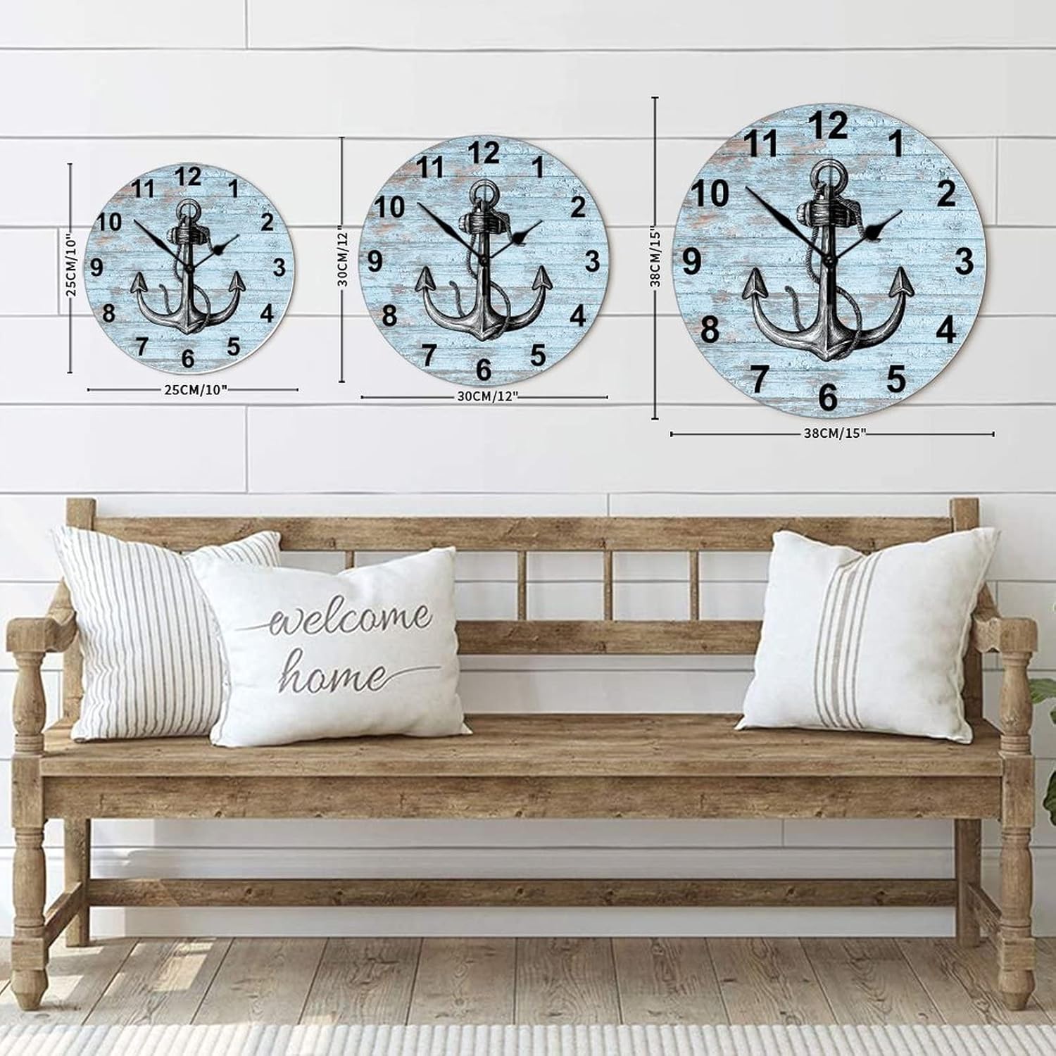 Wood Wall Clock Ocean Theme Nautical Anchor 12 Inch Vintage Round Wooden Wall Clock Easy to Read Digital Antique Style Wood Clock Suitable for Farmhouse Farmhouse Wall Decor Home Accent