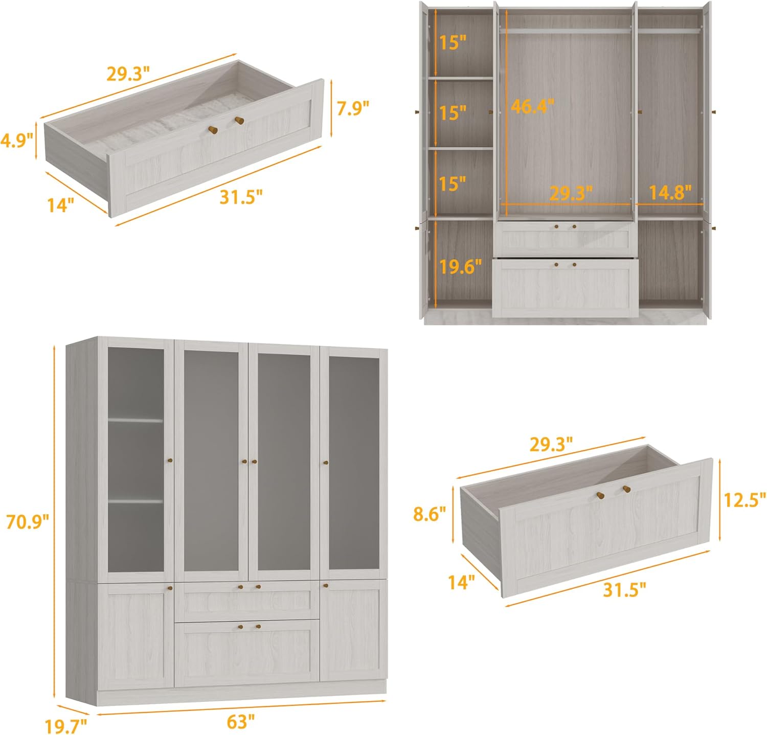Homsee Armoire Wardrobe Closet with 4 Frosted Glass Doors, Hanging Bars, Shelves & Drawers, Wooden Closet Storage Cabinet for Bedroom, Warm Grey (63”L x 19.7”W x 70.9”H)