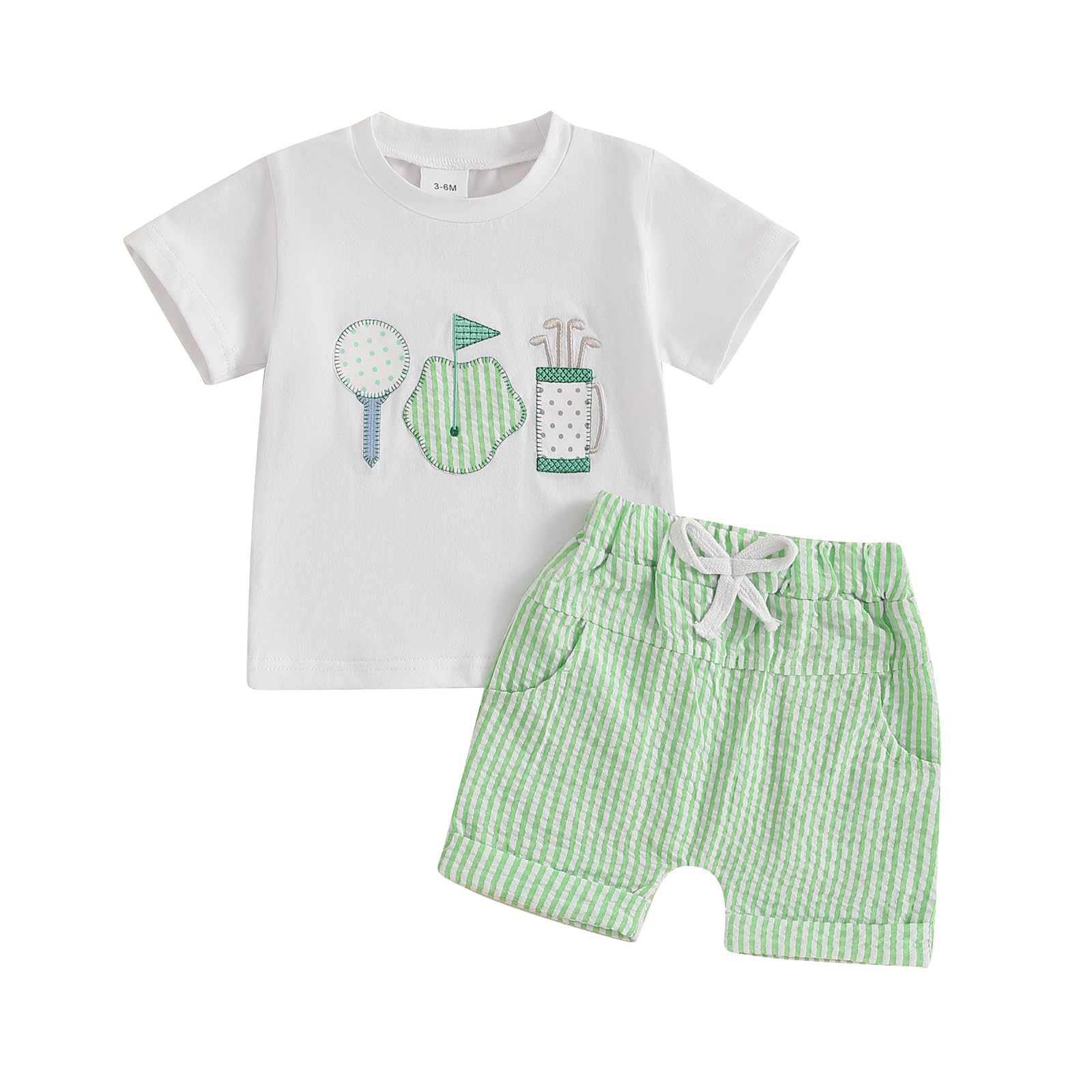 Baby Boy Golf Outfit Hole in One Golf Cart Embroidered Patches T Shirt Gingham Boxer Shorts Boy Summer Sport Clothes (Green 3, 12-18 Months)