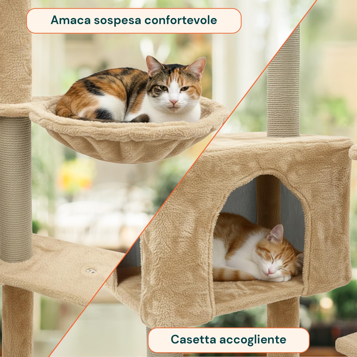 Avilia - Tiragraffi per Gatti 120 Cm Multilivello con Cuccia Chiusa e Amaca Laterale, Struttura con Colonne in Sisal e Giochi Pendente, Ideale per Uso Quotidiano in Casa (Beige)