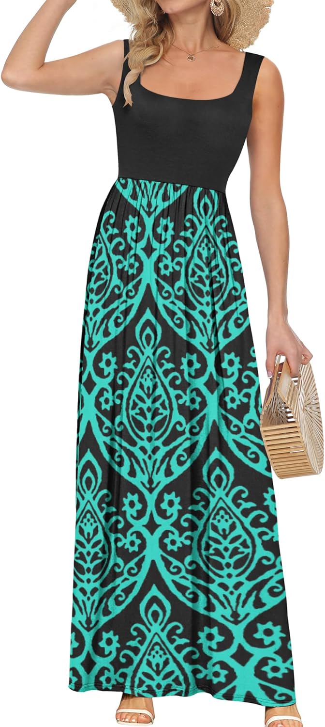 AUSELILY Women's Square Neck Maxi Dress Sleeveless Floral Loose Long Dresses with Pockets