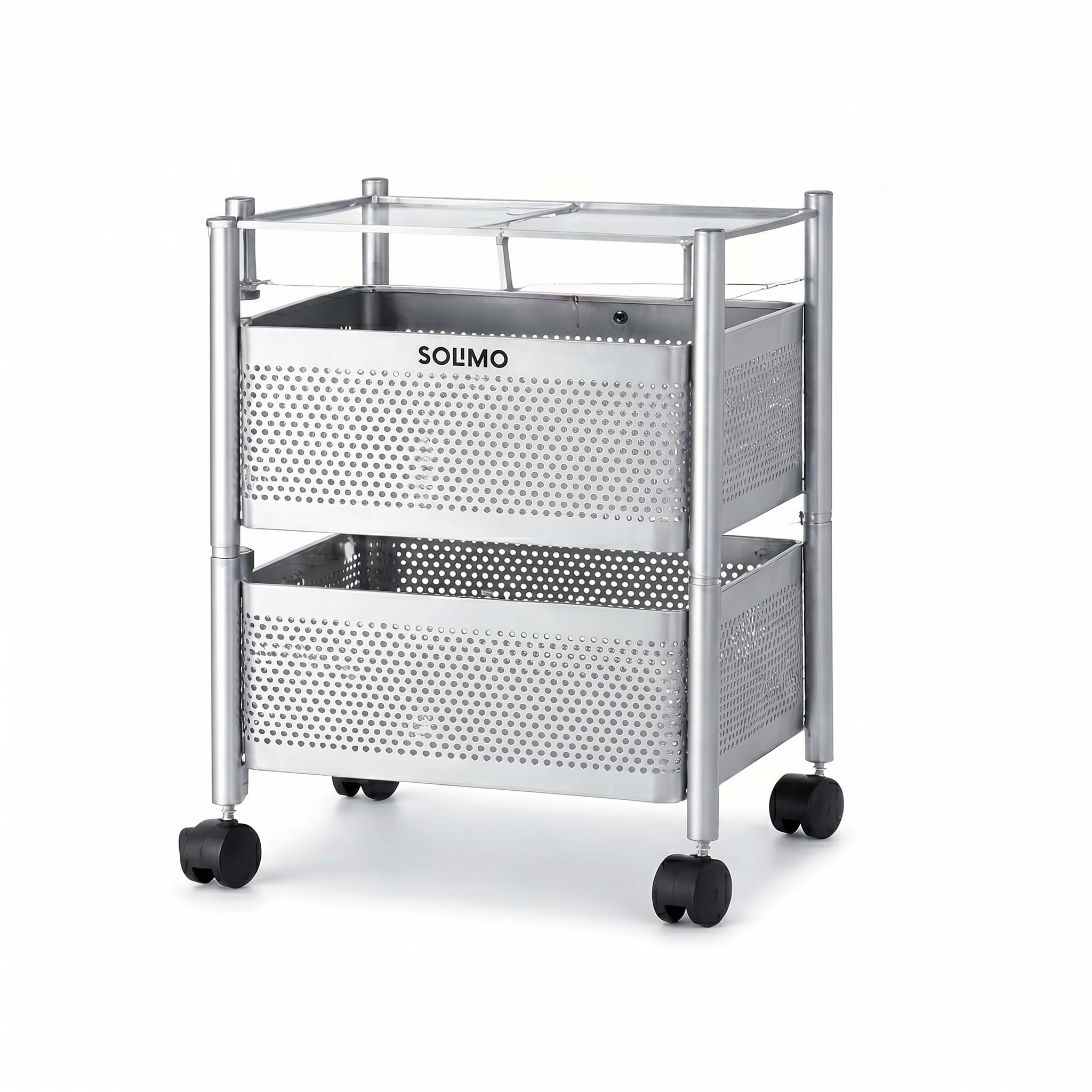 amazon brand - solimo 360° revolving 2 layer multipurpose kitchen trolley rack with wheels | mild steel square fruit, vegetable & spice storage organizer |preassembled | matte silver finish | 30 x 30 x 45 cm