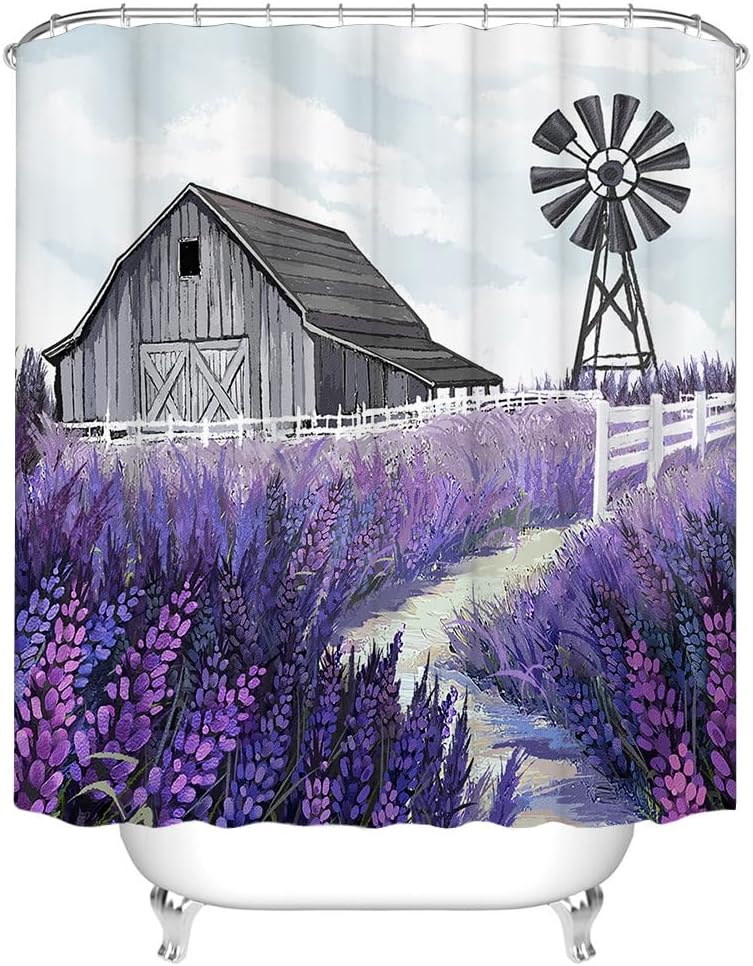 RnnJoile Lavender Shower Curtains Barn Farmhouse Bath Curtain Purple and Gray Bathroom Decor for Country Farmhouse with Hooks 72" x 72"