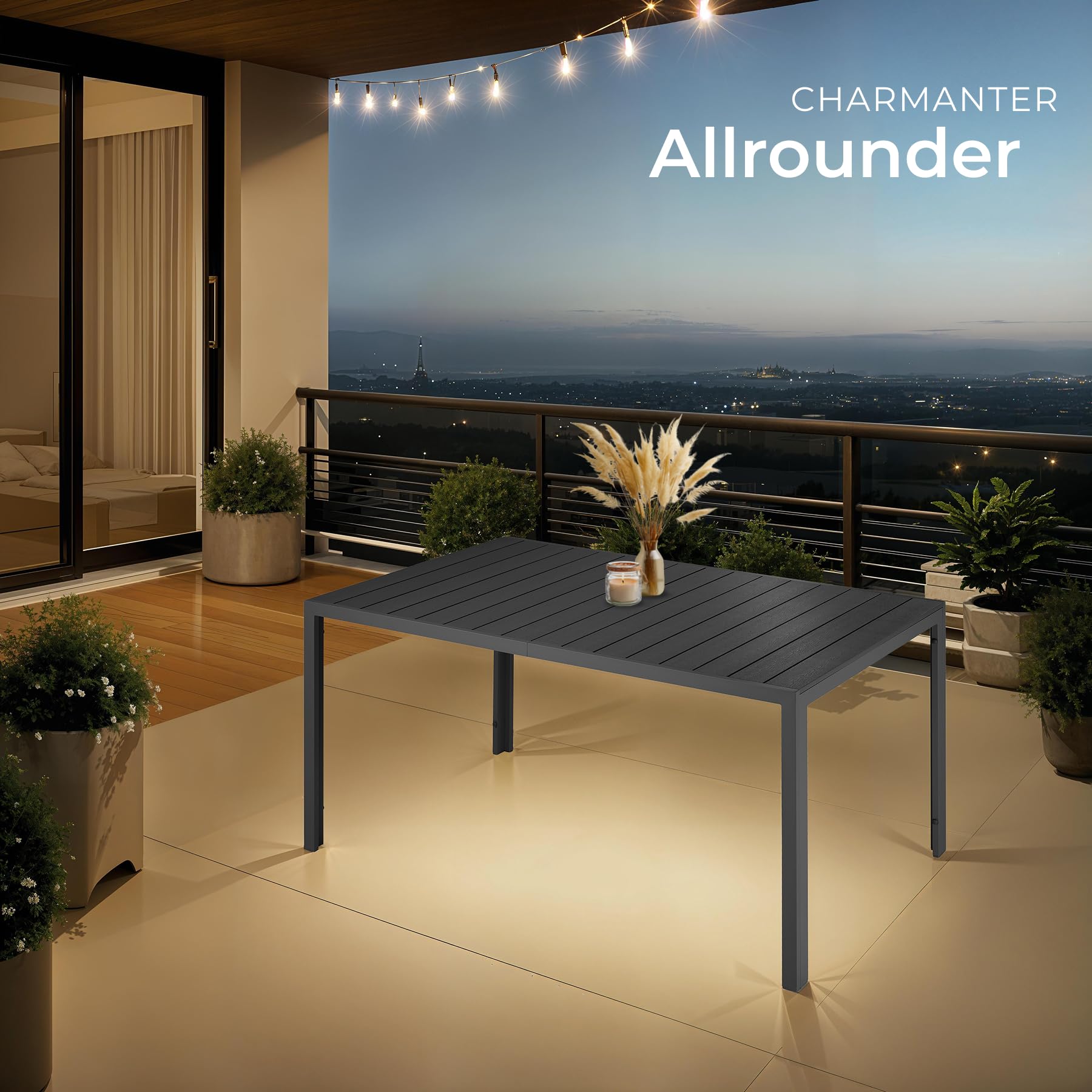tectake® Gartentisch, outdoor Esstisch, Balkontisch in Holz Optik, Terrassentisch mit Aluminiumrahmen, Gartenmöbel wetterfest, 150 x 90 x 74,5cm, Tisch für Garten, Lounge, Sitzgruppe - schwarz/schwarz