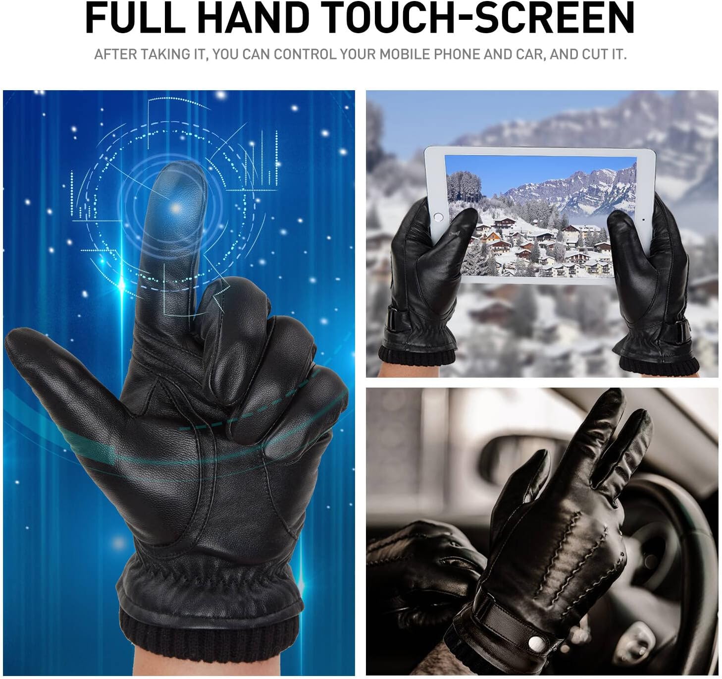 BISON DENIM Winter Sheepskin Leather Gloves for Men, Warm Cashmere Lined Touchscreen Texting Gloves for Driving - Image 4