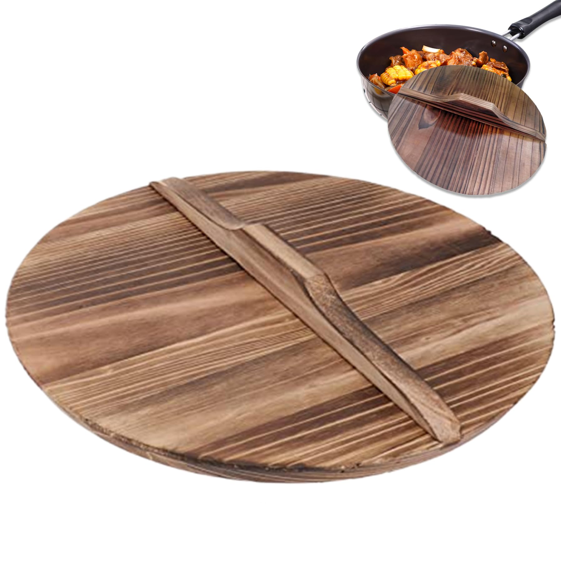 Couvercle de wok en bois naturel de 14 pouces avec poignée anti-brûlure