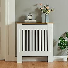 Panana Modern Slatted Radiator Cover, Slatted Cabinet Radiator Covers MDF Wood Cabinet Shelf Heating Covers For Living Room, Hallway (White with Wood Top, S)