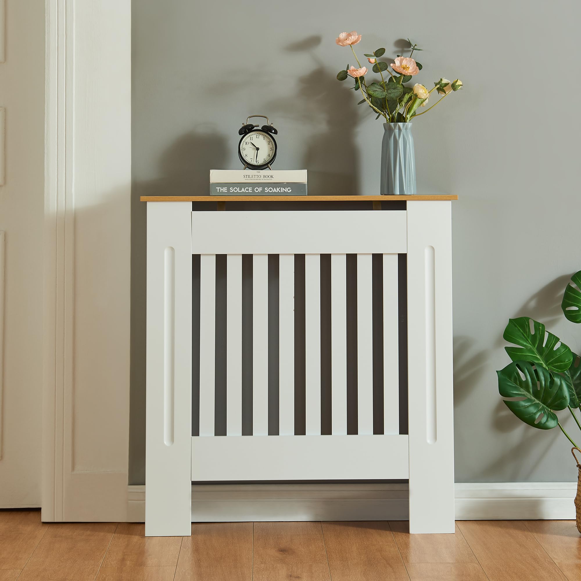 Panana Radiator Cover Cabinet, Modern Painted MDF with Slatted Grill Design (White with wood top, S)