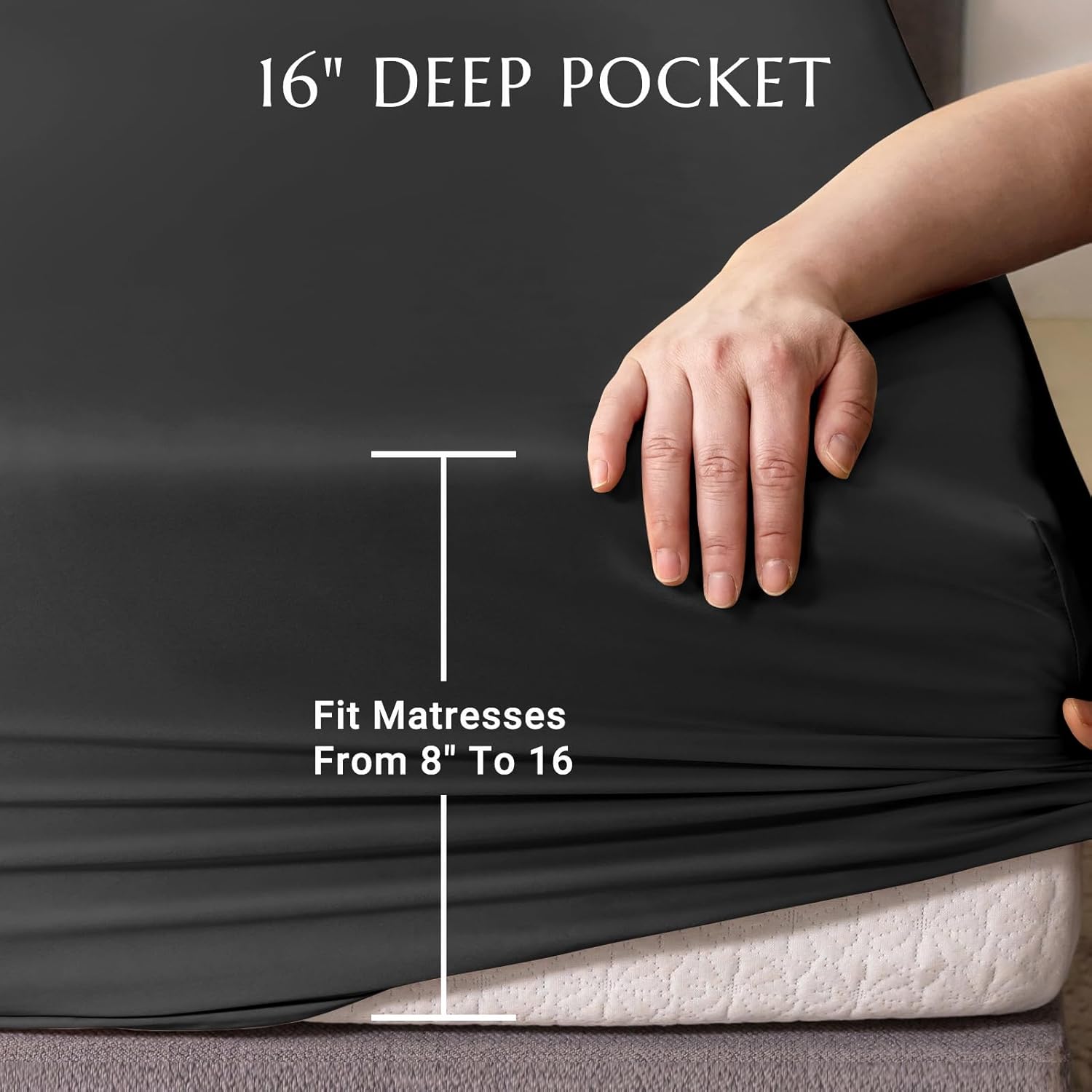 THXSILK Natural Silk Fitted Bed Sheet, 100% 7A+ Silk, Deep Pocket to 16", Soft and Wrinkle Free, 1 Fitted Sheet Only (King, Black)