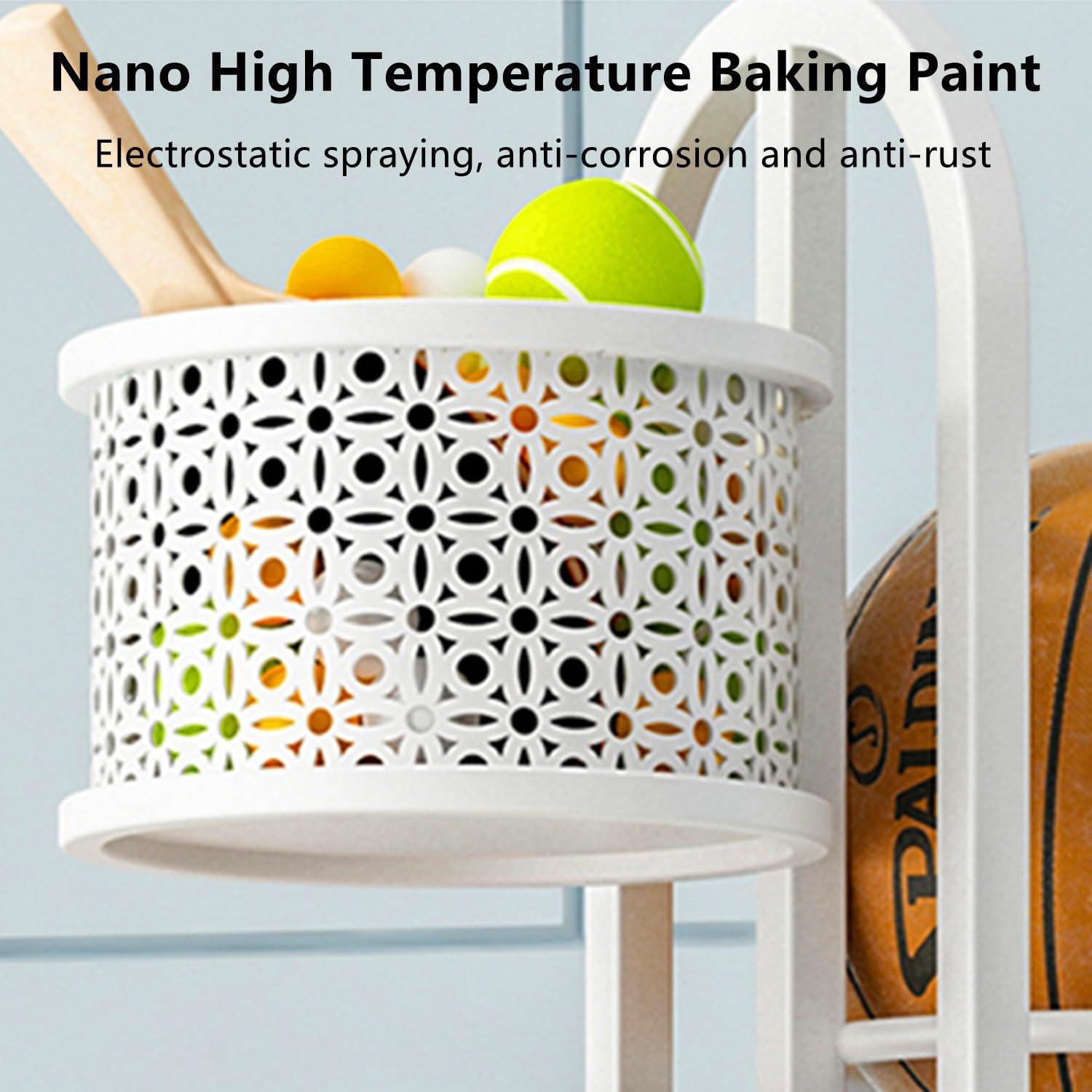 Large Ball Sports Equipment Storage Rack with Basket, Ball Holder and Basketball Rack, Athletic Gear Organizer Stand for Garage Indoor Outdoor, Gold