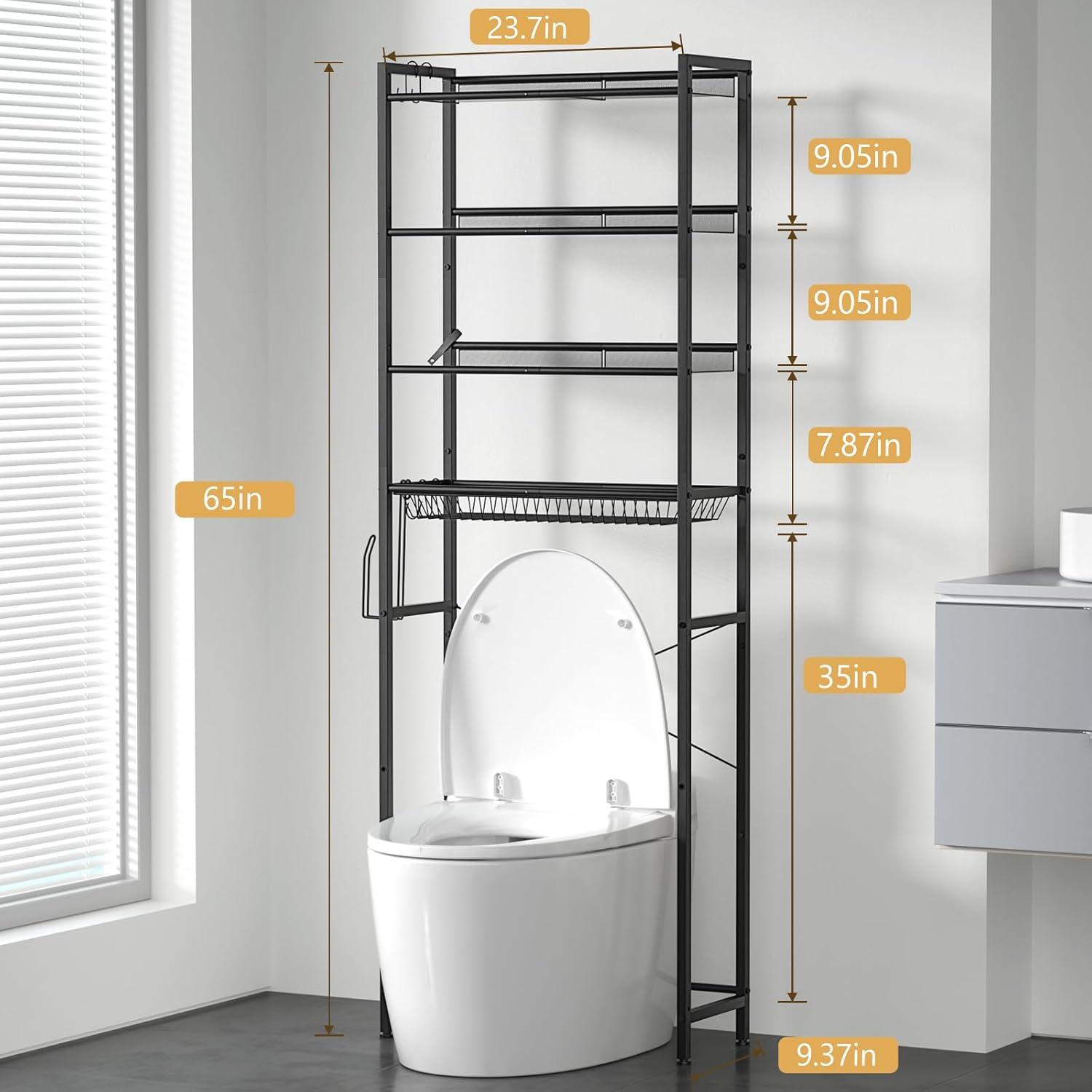 4 Tier Over The Toilet Storage Rack, Bathroom Organizer Shelf Over Toilet with 4 Hook and Roll Holder, Space Save Freestanding Metal Bathroom Shelves